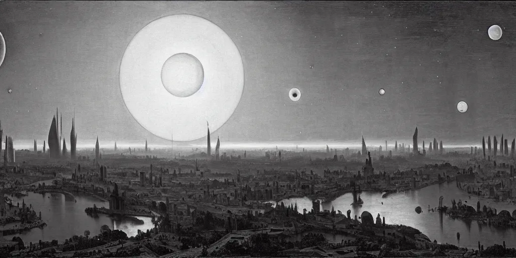 Image similar to planetary city, 2 suns on the horizon by ansel adams and bernardo bellotto