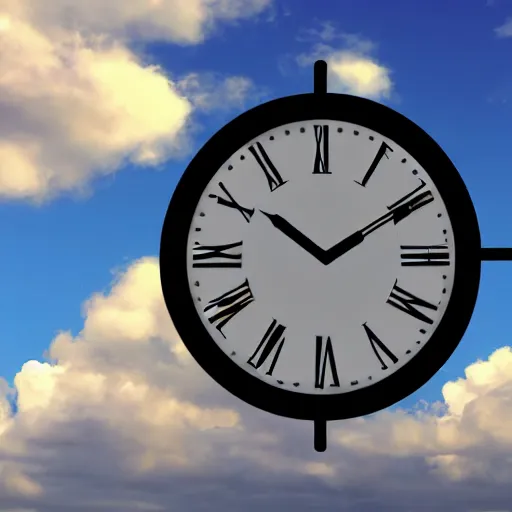 Image similar to a clock is flying above the sky, realistic