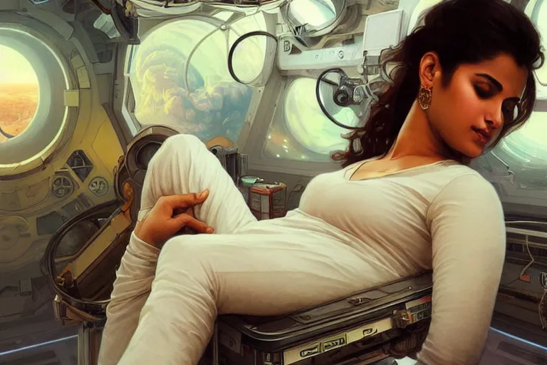 Image similar to Sensuous good looking pale young Indian doctors wearing jeans in a space station above Earth, portrait, elegant, intricate, digital painting, artstation, concept art, smooth, sharp focus, illustration, art by artgerm and greg rutkowski and alphonse mucha