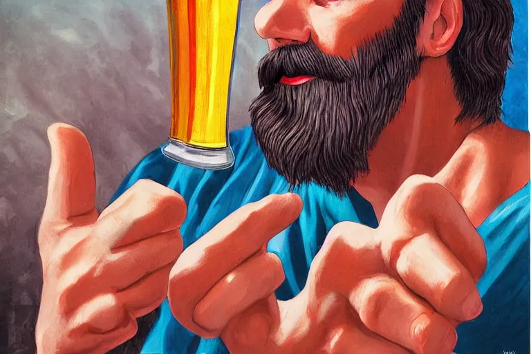 Image similar to a young man holding a beer giving a thumbs up with a long beard, 80s poster, detailed, uncropped, painted by Krenz Crushart