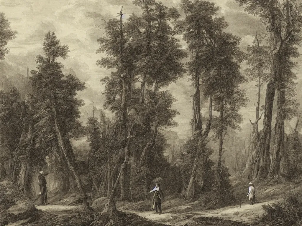 Prompt: a man in a grey cloak and brimmed hat with a staff travelling trough the forest with a wooden cabin in the distance in the style of neo-romanticism