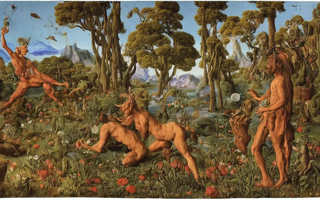 Image similar to a portrait photograph of a meditating satyr and a centaur monk riding a rocket machine and hunting at a river delta. surrounded by bulbous flowers and trees. mountain range under a blue sky of fiery stars. by jan van eyck, max ernst, ernst haeckel, ernst fuchs and artgerm, cgsociety, fashion editorial, 8 k