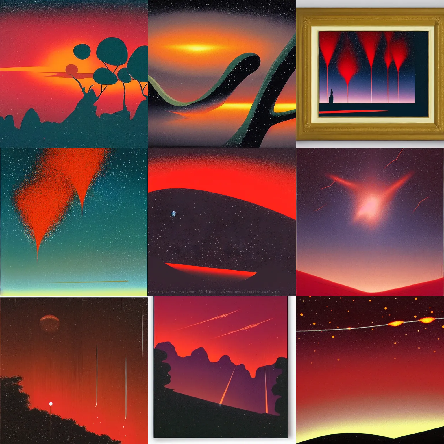 Prompt: three meteor fireballs fall down in the dark sky, at gentle dawn red light, by eyvind earle