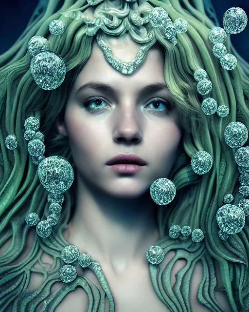 Prompt: surreal mythical dreamy underwater artistic bw fine art photo of a beautiful young female angelic - medusa - cyborg covered with fish scales and algae, highly detailed, intricate crystal ivy jelly fish scales ornate, poetic, octane render, 8 k, photo - realistic