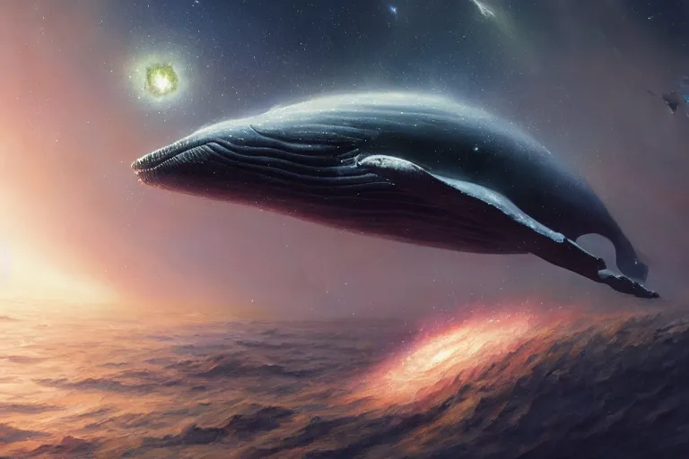 Image similar to a giant whale floating in outer - space, galaxies, stars, planets, ultra detailed, realistic, octane render, jesper ejsing, james jean, justin gerard, tomasz alen kopera, cgsociety, fenghua zhong, makoto shinkai, highly detailed, rim light, art, cinematic lighting, very coherent, 8 k