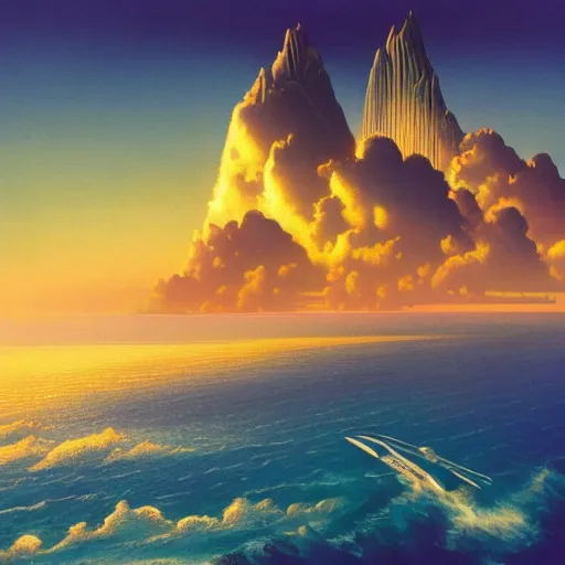 Image similar to beautiful matte painting of golden shores of a blue dreamy ocean, heavenly island in the clouds floating above the ocean, spaceship flying by, towering mountains emerging from the ocean, sci - fi, daylight, blue sky, cinematic lighting, cinematic perspective, album cover art, syd mead, john harris, federico pelat