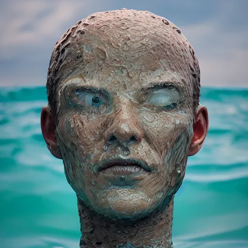 Image similar to a giant sculpture of a human head on the ocean, made purely out of water, cinematic, in the style of johnson tsang, long shot, hyper detailed, hyper realistic, ray tracing, 8 k resolution, sharp focus, realistic water, award winning