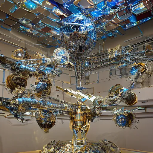 Prompt: Kinetic sculpture of space stations and robots, metal, plastic, glass, caustics, highly detailed, isometric, damien hurst, chris burden, hyhypermaximalist, ominous, soft lighting, golden ratio, epic