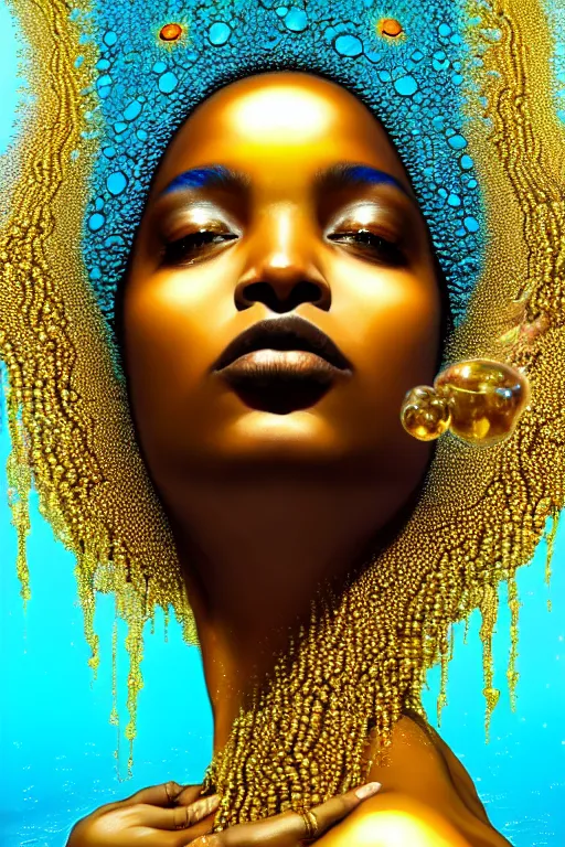 Prompt: hyperrealistic precisionist cinematic profile very expressive! black oshun goddess, staring in water!, mirror dripping droplet!, gold flowers, highly detailed face, digital art masterpiece, smooth eric zener cam de leon, dramatic pearlescent turquoise light on one side, low angle uhd 8 k, shallow depth of field