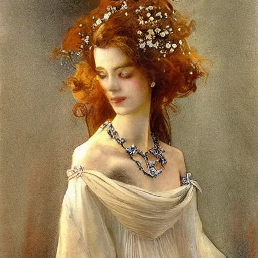 Image similar to A beautiful digital art. She coalesces into a tall woman in a white dress, diamonds around her neck, hair carefully arranged in auburn waves, young and old at the same time. origami by Don Maitz, by Anders Zorn ornate