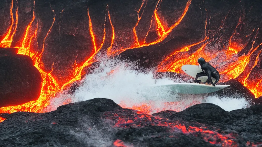 Image similar to person in armor surfing down a river of lava on the side of a volcano on surfboard, action shot, dystopian, thick black smoke and fire, motion blur, sharp focus, cinematic, tilt shift lens