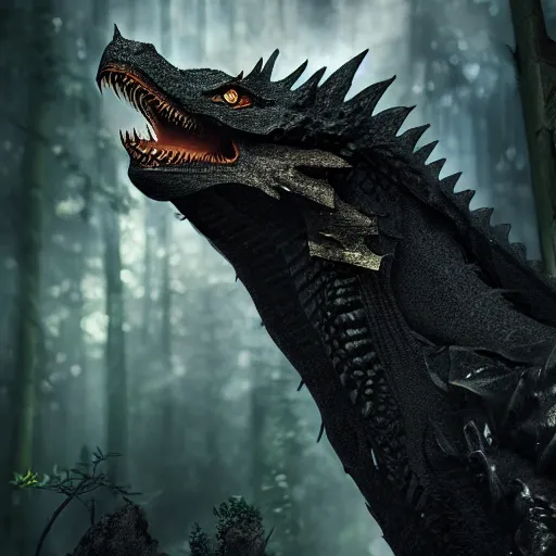 Prompt: portrait, black dragon, forest background, 4 k, cinematic composition, fantasy, extremely detailed, hyperrealism