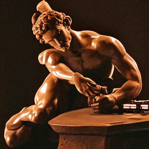 Image similar to A photo of Michelangelo's sculpture of David wearing headphones djing