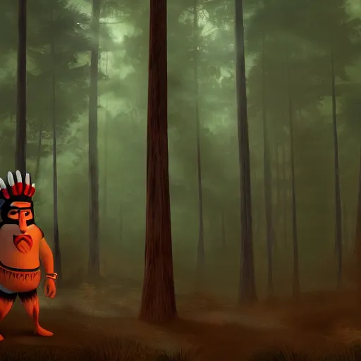 Image similar to medium shot native american, in a dark forest, mysterious, backlit, still from a pixar dreamworks movie, trending on artstation