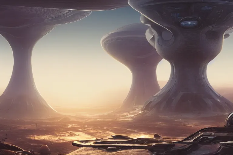 Prompt: a futuristic image of an alien desert with a gigantic complex mushroom shaped spaceport with spaceship, fine detail, by James clyne and Andrée Wallin, foggy, cyberpunk city in the distance, iridescent, artstation, CG society, Ariel view, concept art, extra wide angle, morning light