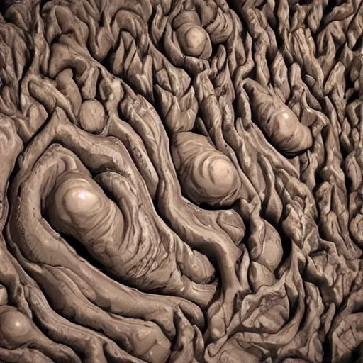 Prompt: inorganic beings of the realm of penumbra a tuberous immense physical mass with many openings and pores i was almost touching it a gigantic sponge porous and cavernous looks rough and fibrous dark brownish in color poriferous countless smooth geometric polygonal shaped tube tunnels going in every direction dream atmosphere