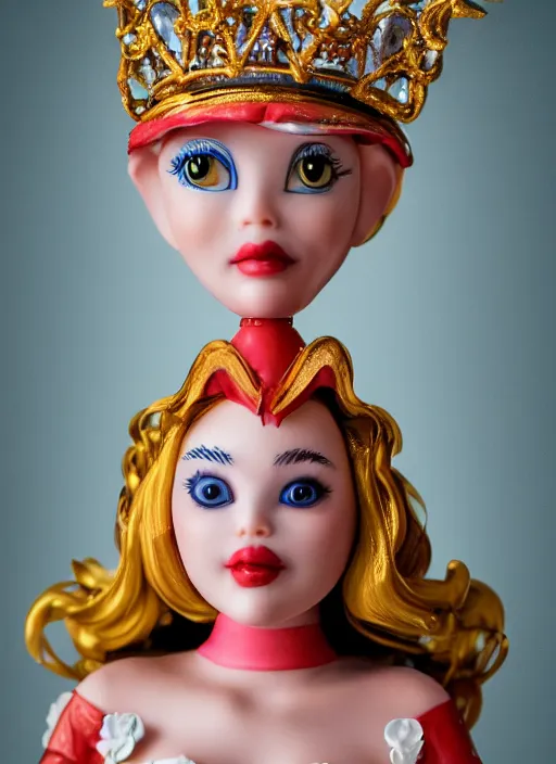 Image similar to closeup profile face portrait of a tin toy fairytale princess wearing a crown eating cakes, bikini, depth of field, zeiss lens, detailed, symmetrical, centered, fashion photoshoot, by bosch, giger, breathtaking, 8 k resolution, extremely detailed, beautiful, establishing shot, artistic, hyperrealistic, beautiful face, octane render