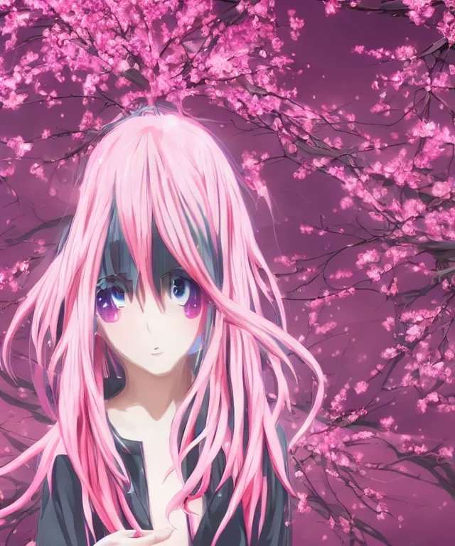 Prompt: anime girl, light pink hair with pink flames, video game, cherry blossoms, neo tokyo, symmetrical, highly detailed, cute