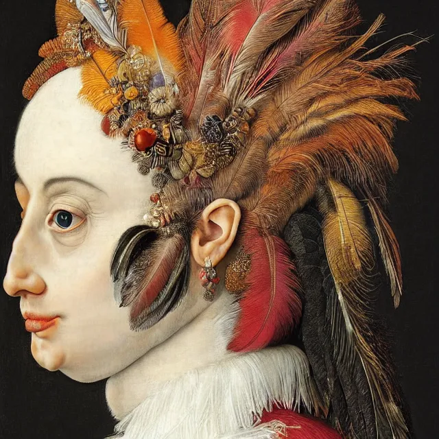 Image similar to a beautiful profile portrait of a beautiful contemporary female, various feathers, by giuseppe arcimboldo, photo realistic, realistic materials.