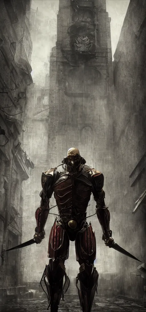 Prompt: armored titan in dunwall city, dunwall city, redshift render, cinematic lighting, rainy weather, melancholy atmosphere, dunwall city, volumetric light, octane render, dishonored game, dishonored 1, gothic architecture, realistic reflections, octane render 8 k