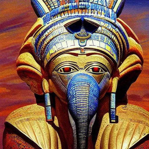 Prompt: the annunaki have returned to egypt wearing space suits that look like egyptian pharoah head - dresses and breathing hoses that look like elephant trunks - alien - looking, futuristic, detailed, photo - realism - by bob ross