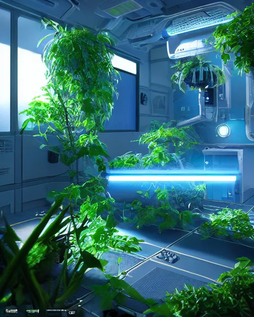 Image similar to Solarpunk gaming PC, futuristic utopia, scifi, green plants, blue light, small room, fine details, atmosphere, glow, extreme realistic, trending on artstation