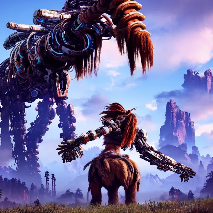 Image similar to photo of a cybernetic mammoth in the style of horizon zero dawn, highly detailed, 4 k, hdr, smooth, sharp focus, high resolution, award - winning photo