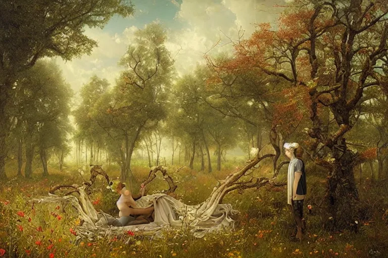 Prompt: landscape, trees with popcorn crowns, surreal by Tom Bagshaw, Ivan Shishkin, Hans Thoma, Asher Brown Durand