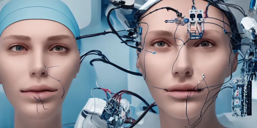 Prompt: a face transplant in an operating room with robotic surgeons with a lot of wires , photorealistic,by Wlop,4k resolution