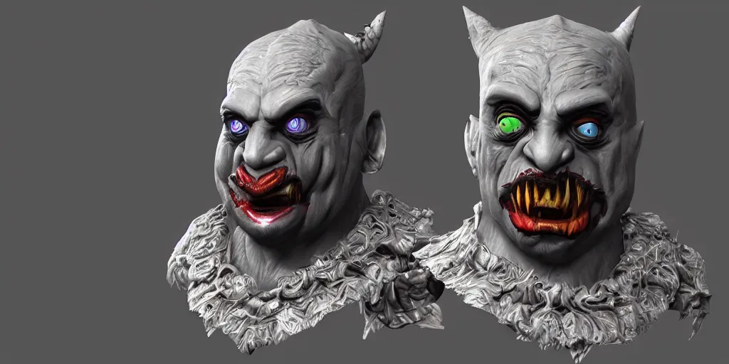 Prompt: a 3d sculpt of a dark fantasy side view of an evil circus clown animatronic, tim burton, world of warcraft, league of legends