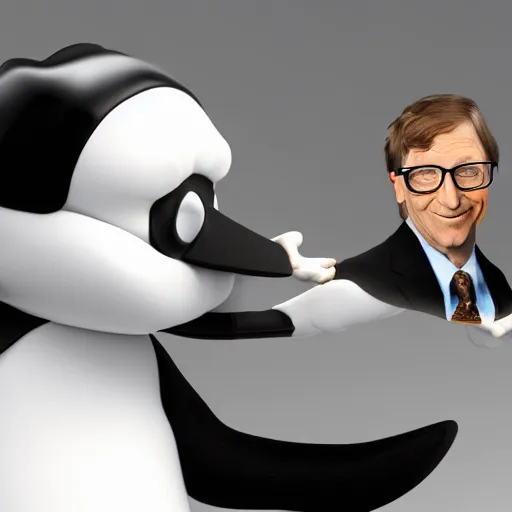 Image similar to Linux Tux strangling Bill Gates, 8k ultra HD, realistic 3D render, CGsociety, Artstation trending, CGI, choking Bill Gates, stranglehold