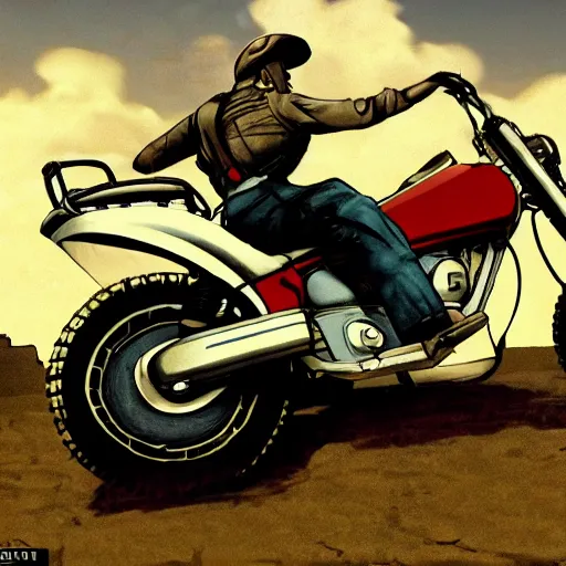 Image similar to Kino riding a Motorrad, Kino no tabi 2003, highly detailed, cinematic lighting, Cinematic wallpaper,