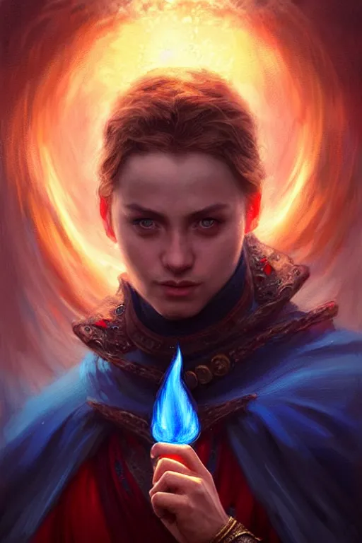 Image similar to Front portrait of mage hold a blue fire on right hand and red fire on the left hand, full body, fine art, awesome fantasy book cover on Pinterest, award winning, dark fantasy landscape, fantasy magic, intricate, elegant, sharp focus, cinematic lighting, highly detailed, digital painting, concept art, art by WLOP and Artgerm and Greg Rutkowski, masterpiece, trending on artstation, 8K