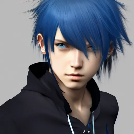 Prompt: portrait of young boy, blue hair, long hair, highly detailed 3D render, 8k, rpg concept art character, jrpg character, manga, anime, video game character, concept art, by Yoshitaka Amano