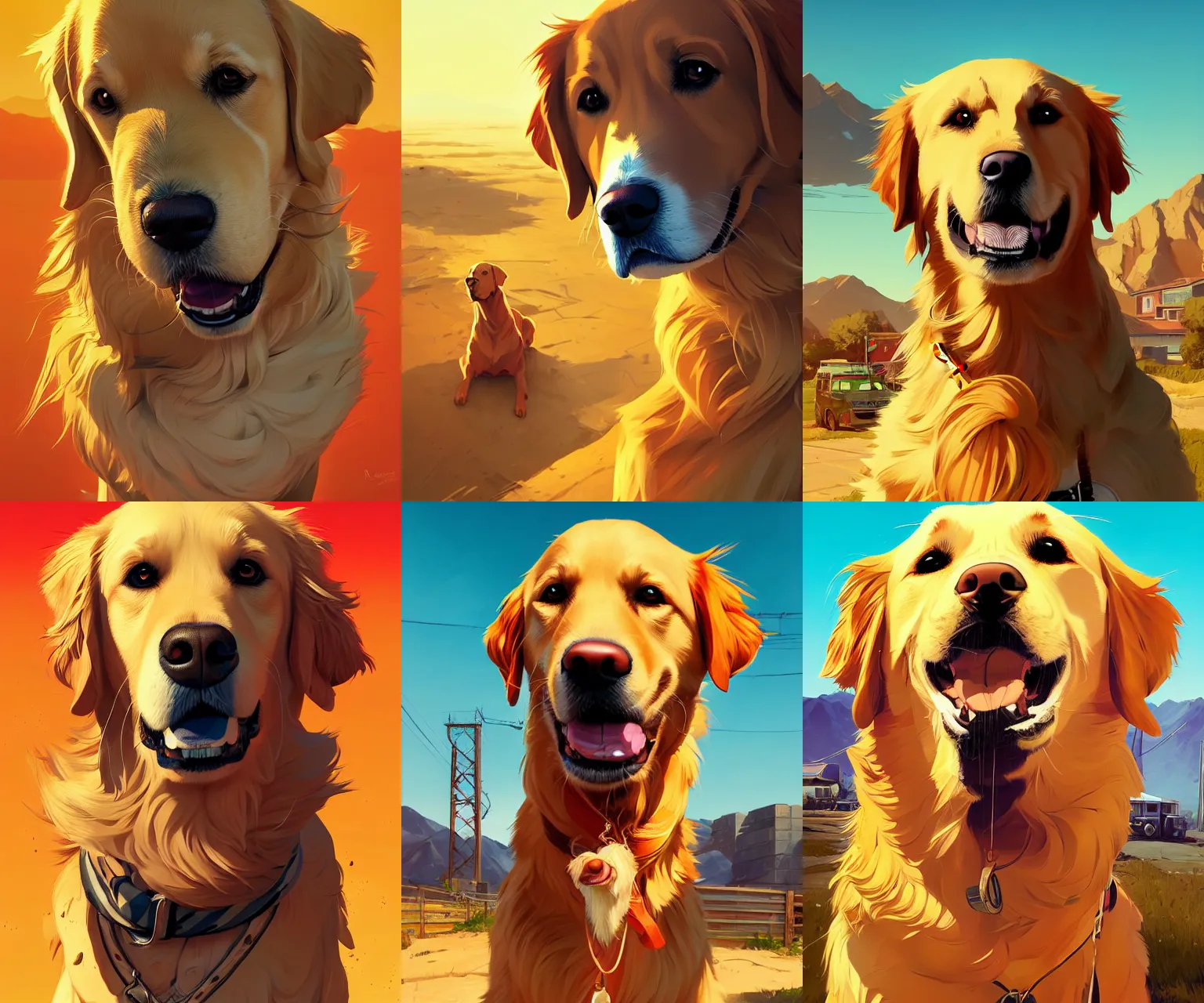 Prompt: portrait of a golden retriever, no text, gta san andreas cover art, borderlands style, celshading, trending on artstation, by rhads, andreas rocha, rossdraws, makoto shinkai, laurie greasley, lois van baarle, ilya kuvshinov and greg rutkowski