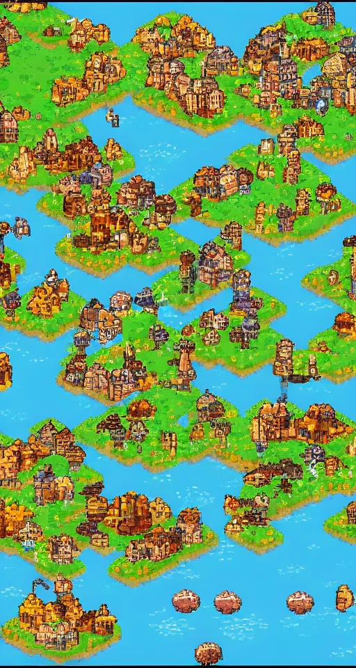 Image similar to overworld map, vintage pixel game, with cities and regions