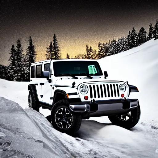 Image similar to white jeep wrangler driving up a steep snowy mountain cornice, high quality digital art, dramatic lighting, cinematic, photo realism