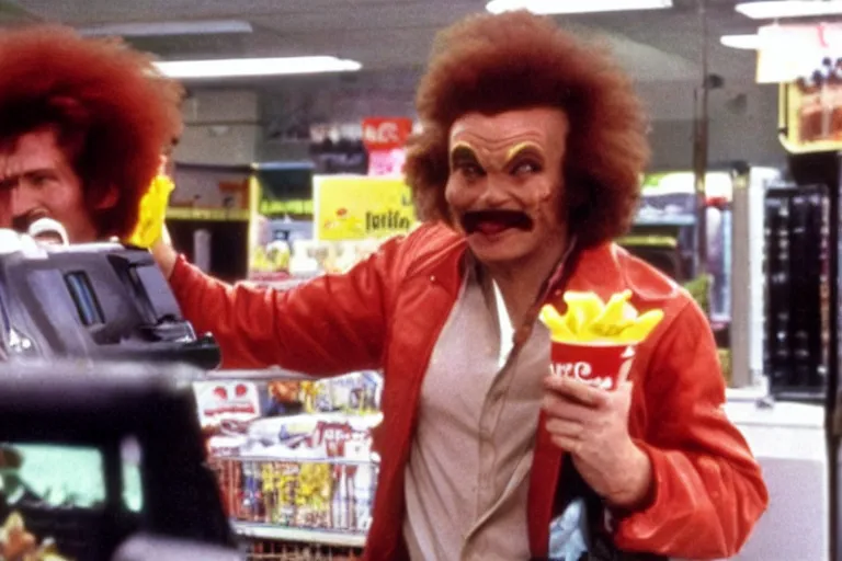 Image similar to a still ronald mcdonald shoplifting from a grocery store in the tv show the a - team, vcr recording