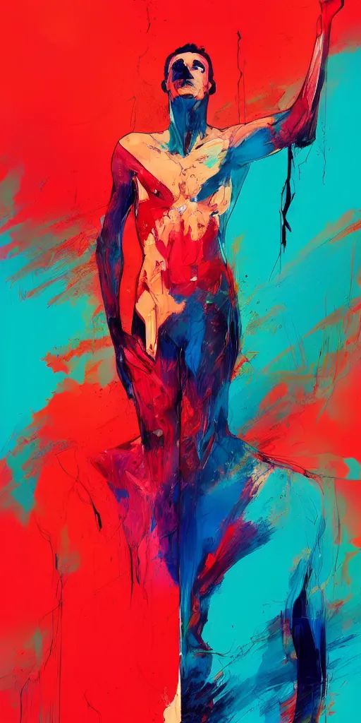 Image similar to abstract flowing brush strokes of the torso of one athletic man posing dramatically with no face, outline, matte paint colors, conrad roset, dark background, painting trending on artstation