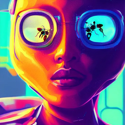 Image similar to closeup painting of bee, cyberpunk, portrait, hyperdetailed, artstation, cgsociety, 8 k, synthwave by tangerine dream