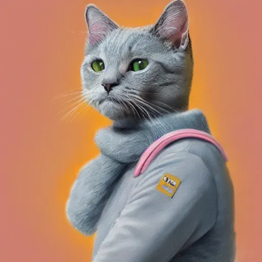 Image similar to head and shoulders masterpiece portrait of a cute adorable gray cat wearing a pink spacesuit, surreal background, digital art by krenz cushart, trending on artstation, cgsociety,