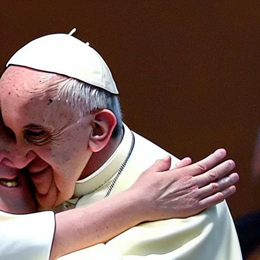 Prompt: Pope Francis hugging a fleshy otherworldly creature with many eyes and tendrils
