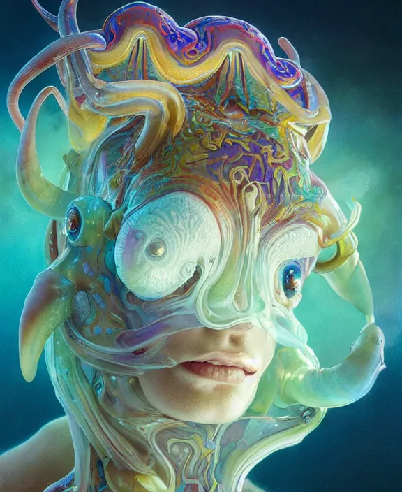 Prompt: intricate colorful transparent portrait of a terrifying beautiful alien sea slug, horns, mottled coloring, adorable, childlike, anxiety environment, ultra realistic, concept art, art nouveau, photorealistic, octane render, 8 k, unreal engine. art by christopher marley and artgerm and greg rutkowski and alphonse mucha