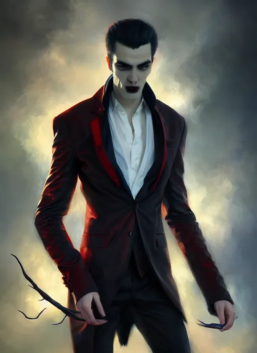 Image similar to vampire in the style of stefan kostic, realistic, full body shot, wide angle, sharp focus, 8 k high definition, insanely detailed, intricate, elegant, art by stanley lau and artgerm, floating embers