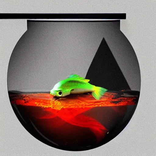 Prompt: beta fish in a fish bowl being held by a grim reaper hyper realistic, trending on artstation