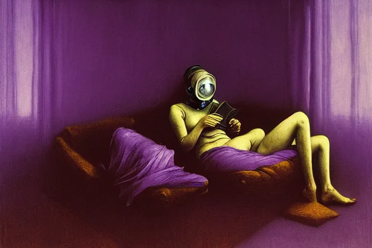 Image similar to girl with wearing a gas mask lying on the sofa reading a book in her room, in the style of beksinski, peaceful, calm, ambient, dreamy, intricate and epic composition, purple by caravaggio, insanely quality, highly detailed, masterpiece, purple light, artstation, 4 k