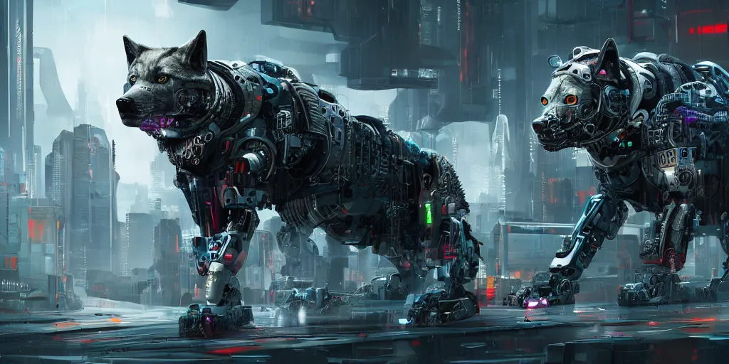 Prompt: Cyborg wolf with cyberpunk background, high detailed, octane, cinematic, 8k?