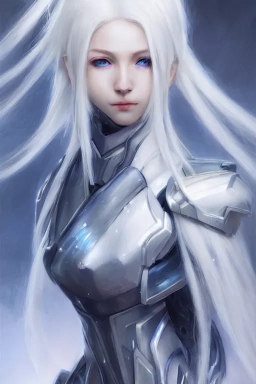 Image similar to perfect white haired girl, warframe armor, beautiful, dreamy, portrait, highly detailed, digital painting, trending on artstation, concept art, sharp focus, illustration, pretty face, blue eyes, sci - fi platform, front lit, laboratory, experiment, masterpiece, art by masayoshi tanaka, akihiko yoshida, kazuya takahashi