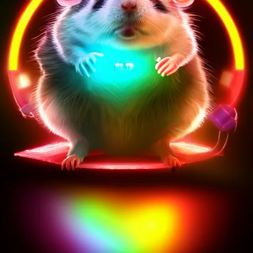 Image similar to cyberpunk hamster! holding rainbow! gem! crystal, neon lights, light reflection, 8 k, hd