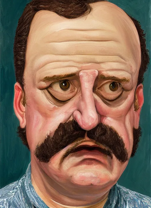 Image similar to Real life Bob Belcher, painted by Lucian Freud, highly detailed, 8k